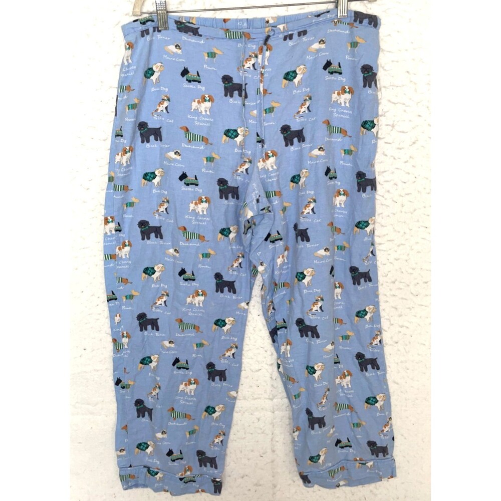 Talbots Pajama Pants Womens L Blue Dog Scottie Spaniel PJ Cotton Lounge Bottoms